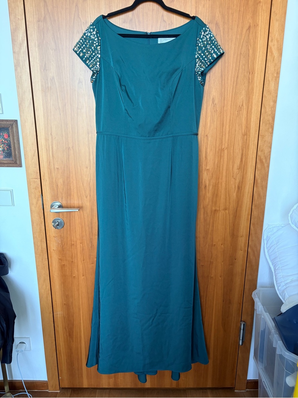 Embellished Sleeve Teal Gown